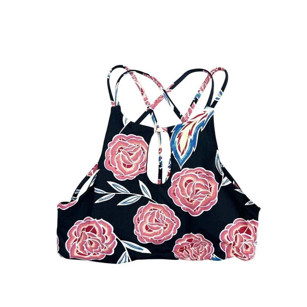 Roxy Women's Softly Love Floral Printed Halter High Neck Crop Bikini‎ Swim Top M
